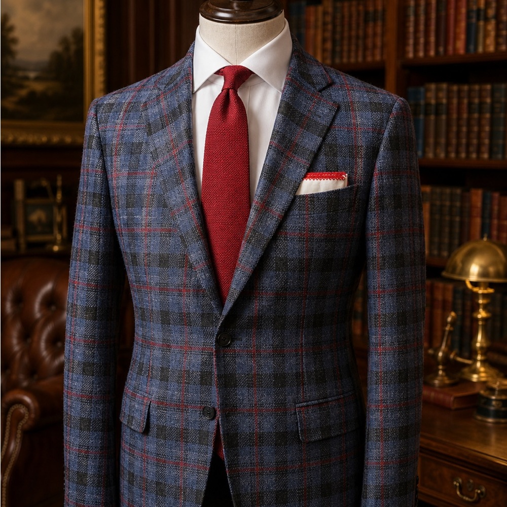 Kiton 100% Cashmere Sport Coat in Blue with Red Windowpane
